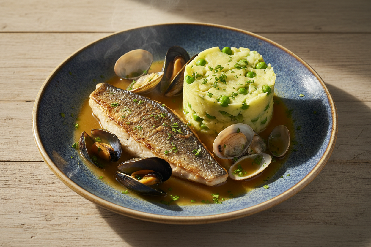 Pescato del giorno in guazzetto ai frutti di mare con tortino di patate e piselli